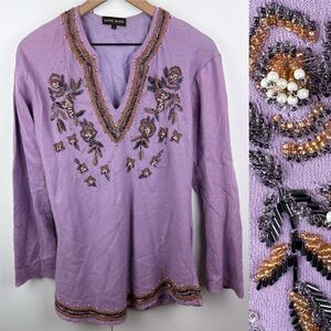 3 FOR $10 Antik Batik Beaded Embellished Wool Long Sleeve Tunic Top Purple AS IS